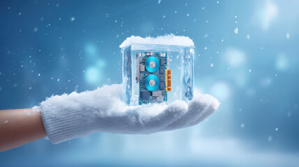 Hand holds frozen computer chip encased in ice cube showing extreme cooling power