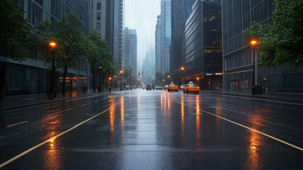 Rainy city street with wet pavement, tall buildings, glowing streetlights, and yellow taxis