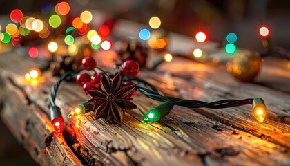 Festive holiday string lights illuminate star anise and rustic wood surface.