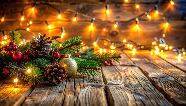 Festive Christmas decorations with pine cones, berries, and warm string lights on rustic wood. - Powered by Adobe