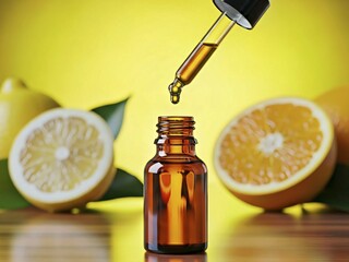 Essential oil being dripped into a glass bottle surrounded by citrus fruits