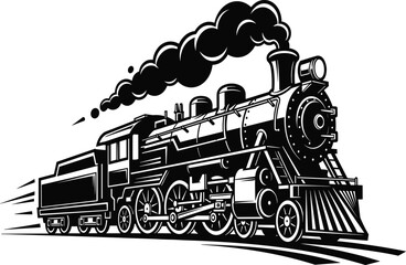 Vector black and white illustration of a vintage steam locomotive train engine in motion with smoke isolated on white background © Chopon