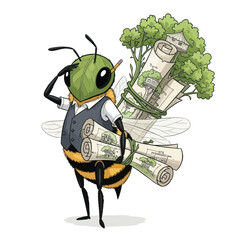 Diligent Bee Entrepreneur Carrying Rolled Money and Greenery on its Back.