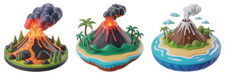 Three Dimensional Isometric Illustration of Volcanic Islands with Ocean and Erupting Volcanoes in Vibrant Colors and Plasticine Style with Transparent Background