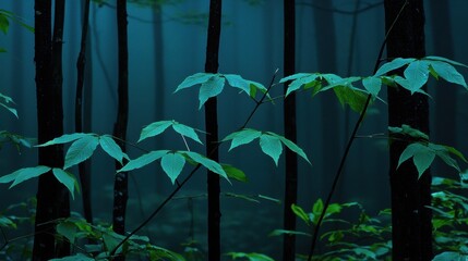 A forest of tall trees with green leaves and a dark blue sky.