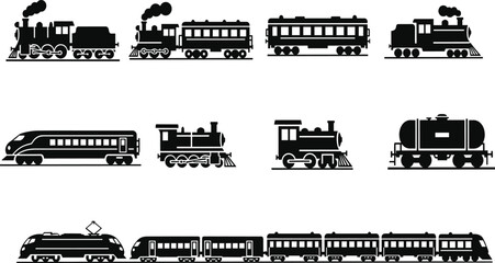 Vector set of black silhouettes featuring vintage steam locomotives and modern high-speed electric trains isolated on a white background background © Chopon