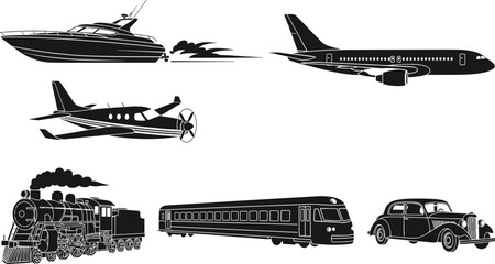 Vector set of black transportation silhouettes featuring airplane speed boat steam train modern railway and vintage car on white background © Chopon