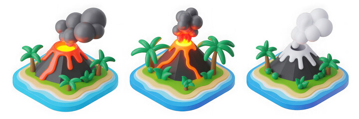 Three Dimensional Isometric Illustration of Volcanic Islands with Ocean and Erupting Volcanoes in Vibrant Colors and Plasticine Style with Transparent Background