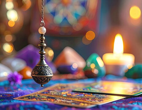 Mystical scene featuring a dowsing pendulum hovering over tarot cards next to a glowing candle.