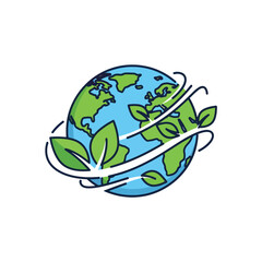 Earth Globe with Green Leaves and Swirling Lines Representing Environmental Care.