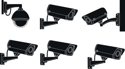 Professional Security Camera Vector Set with Dome and Bullet CCTV Icons for Surveillance Safety Monitoring Privacy Protection and Urban Crime Prevention