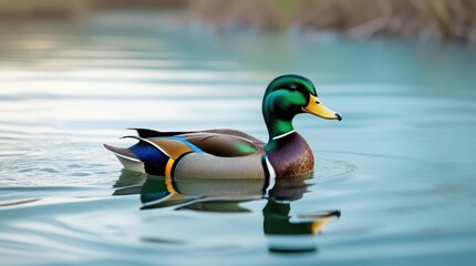 Obraz premium Mallard duck swimming peacefully on tranquil water surface