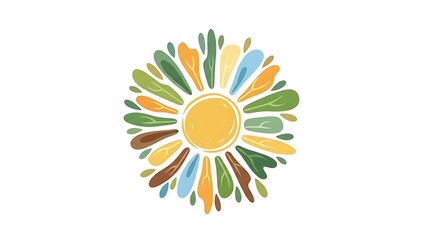 Abstract sun illustration with colorful leaves on a white backdrop