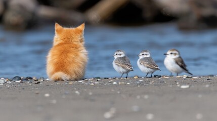 A cat sits on a beach watching two small birds.