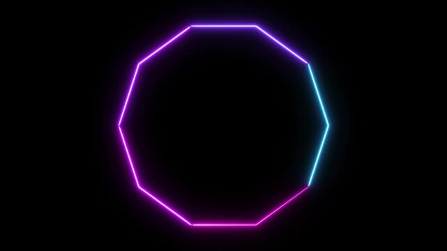 Multicolor Neon Decagon Glow Animation on Black Background, Futuristic Geometric Polygon Frame with Luminous Light Trails, Abstract Minimal Neon Shape Design
