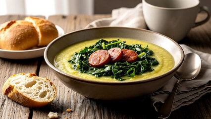 Still life, Rustic farmhouse. Brazilian caldo verde com lingui&ccedil;a calabresa, a thick pureed potato and kale soup with slices of spicy Calabrian sausage, shredded collard greens