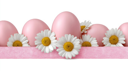 Row of colored shells nestles among blossoms above ribbon forming cheerful header.