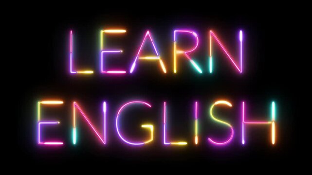 Learn English Neon Glow Text Animation on Black Background, Colorful Educational Light Trail Typography for Language Study and Online Courses, Modern Vibrant Neon Lettering Design