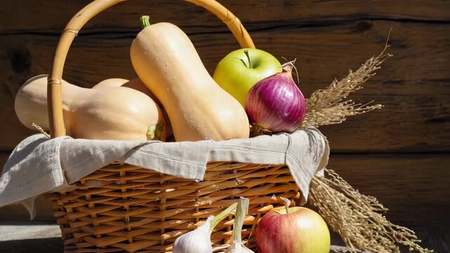 Butternut squash and apples displayed in wicker harvest basket