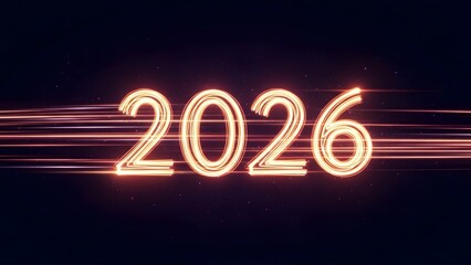 Glowing neon number 2026 with dynamic light trails on dark background
