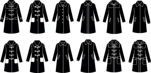 Set of black flat icons representing various winter coats and autumn jackets including duffle coats parkas and elegant wool outerwear © BIPUL