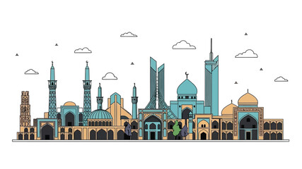 Obraz premium A vibrant line art illustration showcasing a sprawling Middle Eastern city skyline with a mix of historical mosques and modern architectural marvels under a clear sky