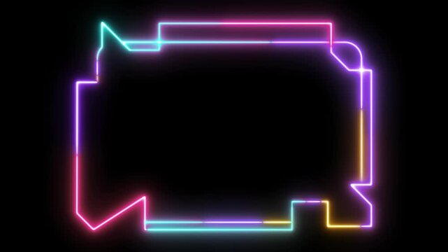 Sci Fi Neon Glow Frame Animation on Black Background, Futuristic HUD Border with Multicolor Light Trails, Cyberpunk Digital Interface Panel, Abstract Neon Outline Design