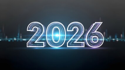 Glowing blue 2026 neon sign in futuristic cityscape background