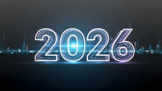 Glowing blue 2026 neon sign in futuristic cityscape background - Powered by Adobe