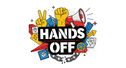Hands Off protest symbol with raised fist and peace sign.