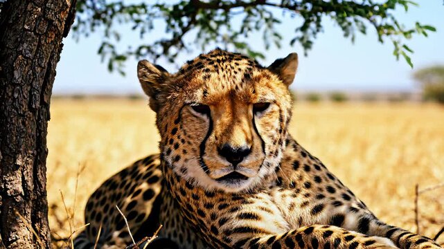 Close up portrait of a majestic cheetah resting in the shade of a tree on a sunny day in the African savanna with dry golden grass and a clear blue sky in the