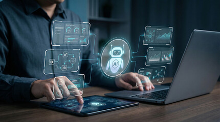 Modern Professional Working with Artificial Intelligence Chatbot and Data Analytics Dashboard on Laptop and Tablet