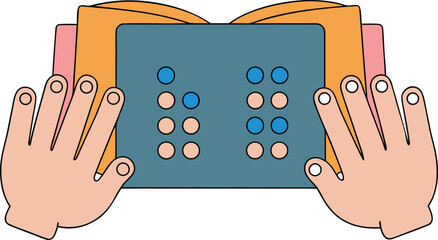Hands sharing a braille page on white background, symbolizing accessibility, inclusion, education, and tactile literacy, promoting equal learning opportunities, cooperation, and diversity concept.