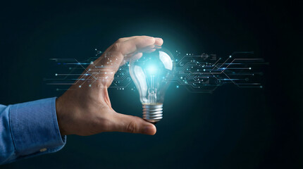 Hand Holding a Glowing Lightbulb with Digital Circuit Lines Representing Creative Innovation and Technological Ideas © merabbi