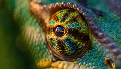Close-up of a chameleon's eye and textured skin with vibrant colors.