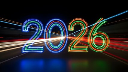 Vibrant neon 2026 numbers on a dark road with colorful light trails