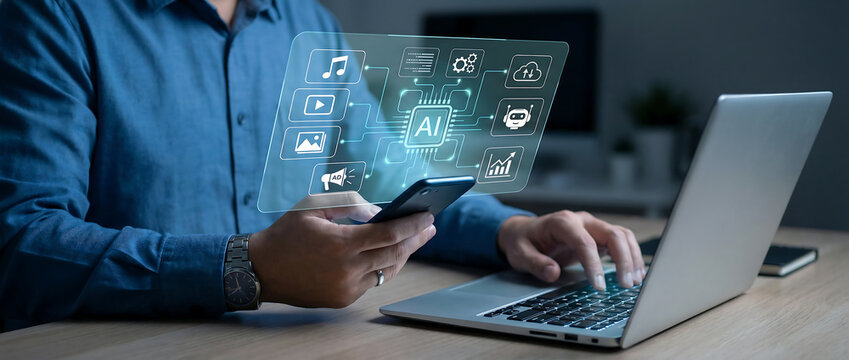 Businessman Using Smartphone and Laptop with AI Content Creation Icons for Music, Video, and Digital Marketing Ads - Powered by Adobe