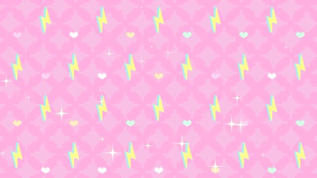 Pixel thunderbolts and hearts with shimmering light effect on pink background motion graphics. (loop)