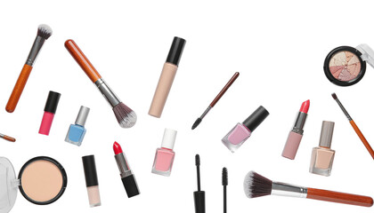 Assorted makeup and cosmetic beauty products arranged on a clean white background
