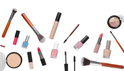 Assorted makeup and cosmetic beauty products arranged on a clean white background
