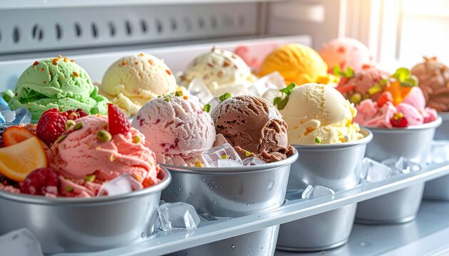 Delicious fresh strawberry and chocolate ice cream desserts in colorful glass bowls are served on a festive holiday bar counter with sweet fruit and candy toppings