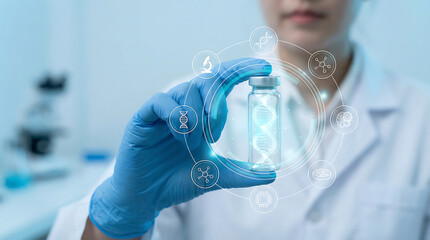 Scientist in Laboratory Holding Medical Vial with DNA Hologram for Genetic Research and Biotech Innovation