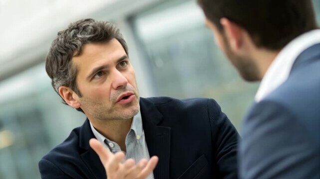 Middle aged man businessman discussing with colleague office meeting conversational gesture, businessman talking with colleague modern office