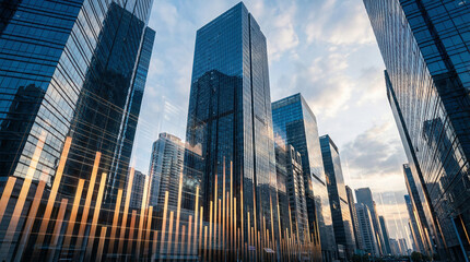 Smart City Financial Data Visualization Overlaying Modern Skyscrapers at Sunset