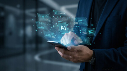 Businessman Orchestrating Multiple AI Agents and Data Processing Modules via Smartphone App