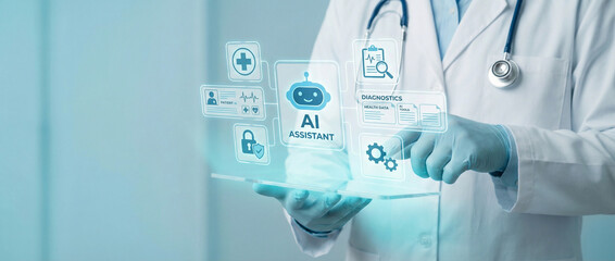 Medical Doctor Holding Transparent Tablet with AI Assistant Interface for Healthcare Diagnosis and Patient Data Analysis