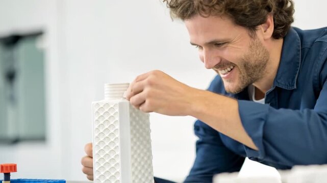 Smiling man assembling ceramic bottle vase textured model studio male adult creative designer crafting architectural scale model with joyful focused