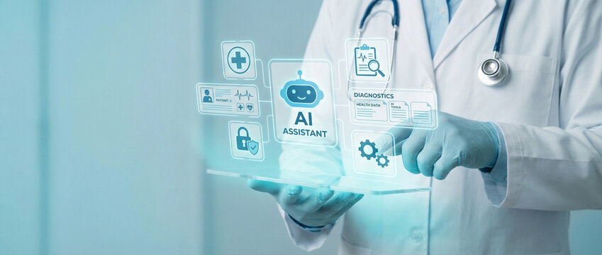 Medical Doctor Holding Transparent Tablet with AI Assistant Interface for Healthcare Diagnosis and Patient Data Analysis - Powered by Adobe