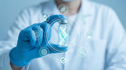 Biotech Scientist Holding Laboratory Vial with Glowing DNA Helix and AI Research Analysis Icons