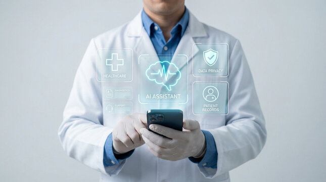 Medical Professional Using AI Assistant Mobile App for Patient Records and Healthcare Diagnostics - Powered by Adobe